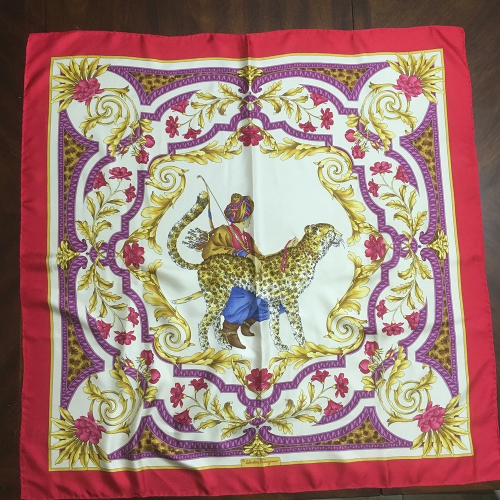 Salvatore Ferragamo 35 inch silk scarf.